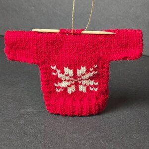Mini Red Knit Christmas Sweater Ornament With Needles Nordic Snowflake 3"